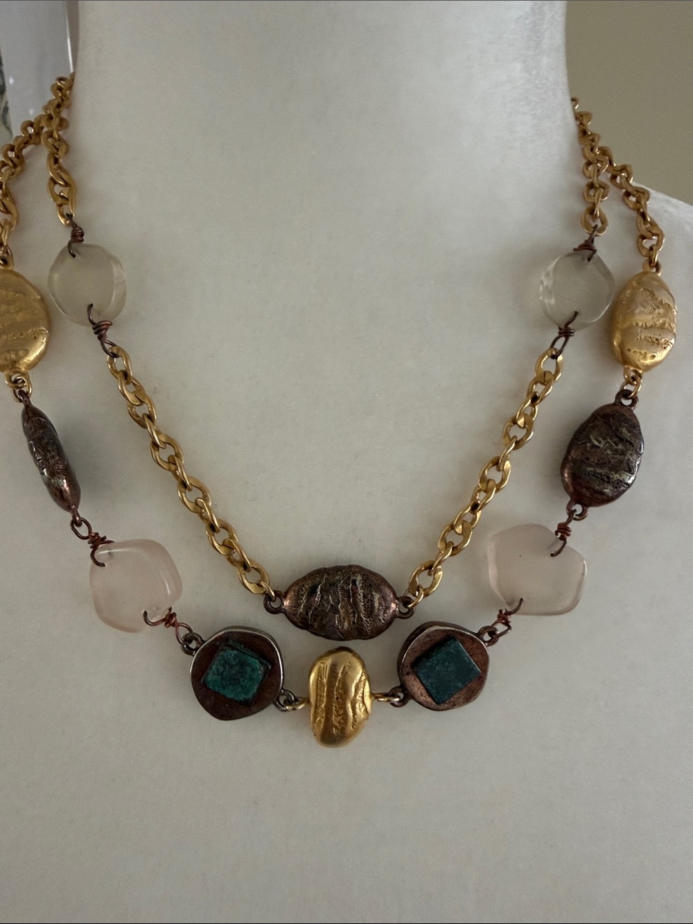 VINTAGE DOUBLE STRAND MIXED METAL ARTISAN NECKLACE Stone Inlay Toggle